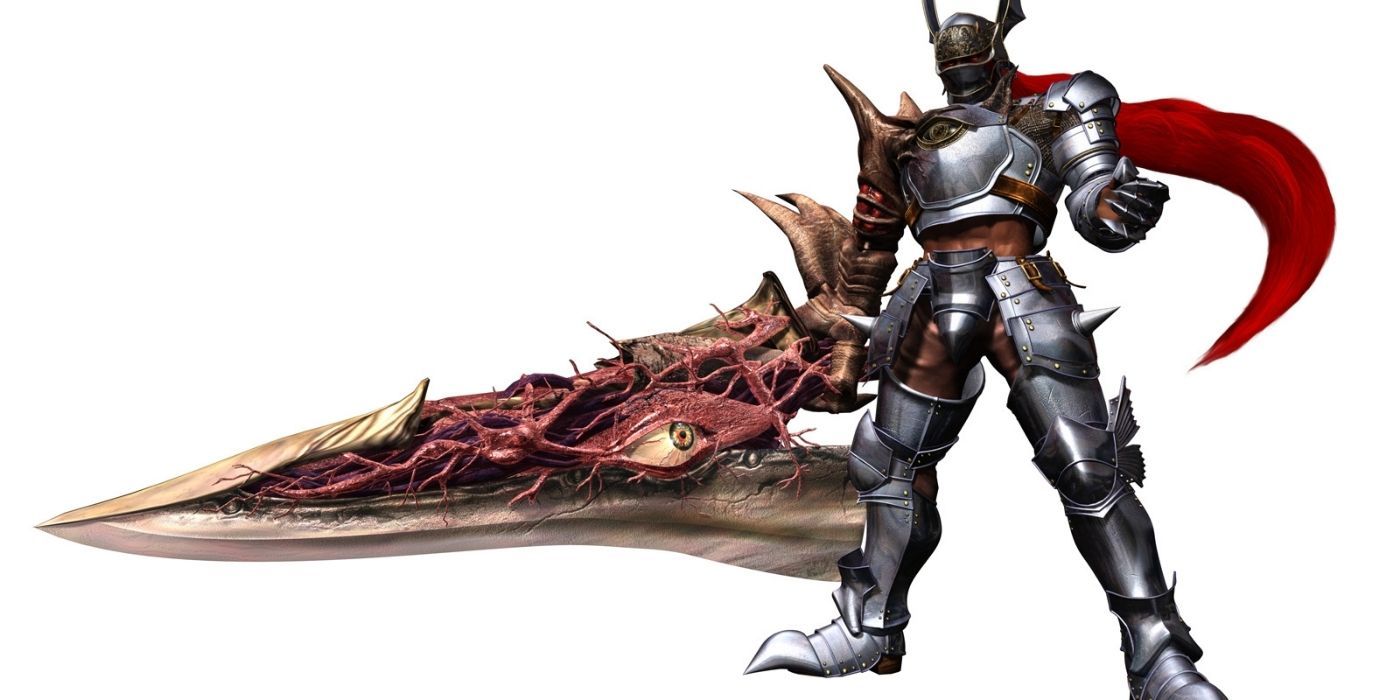 Soul Edge Sword being wielded by man in silver armour wearing red cape