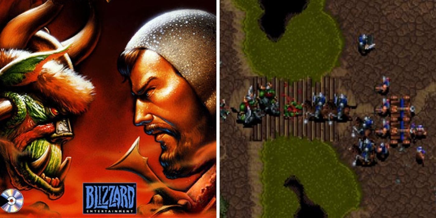 Split Image of Warcraft Orcs &amp; Humans title card on left and gameplay from Warcraft Orcs &amp; Humans on right