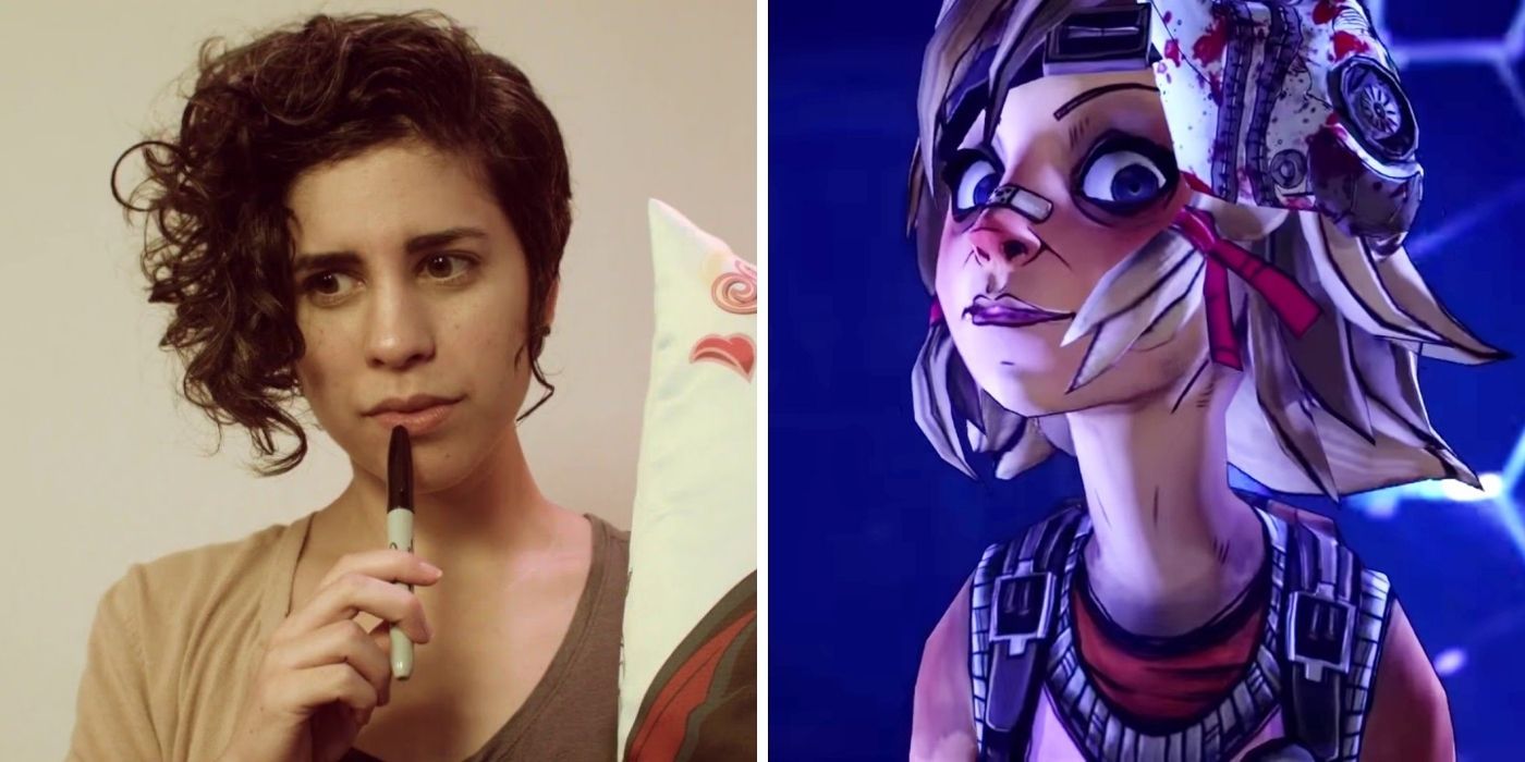 Split image of Ashly Burch on left, Tiny Tina from Borderlands on Right