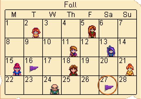 Stardew valley fall calendar with 27 circled for Spirits eve event