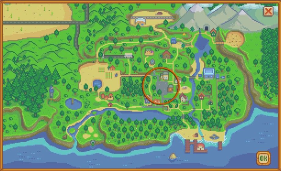 stardew valley map with location of spirits eve circled in town center