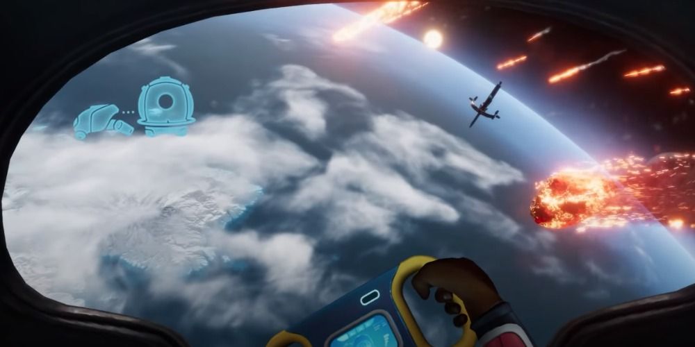 Passage shuttle crashing amongst a meteor shower in Subnautica: Below Zero