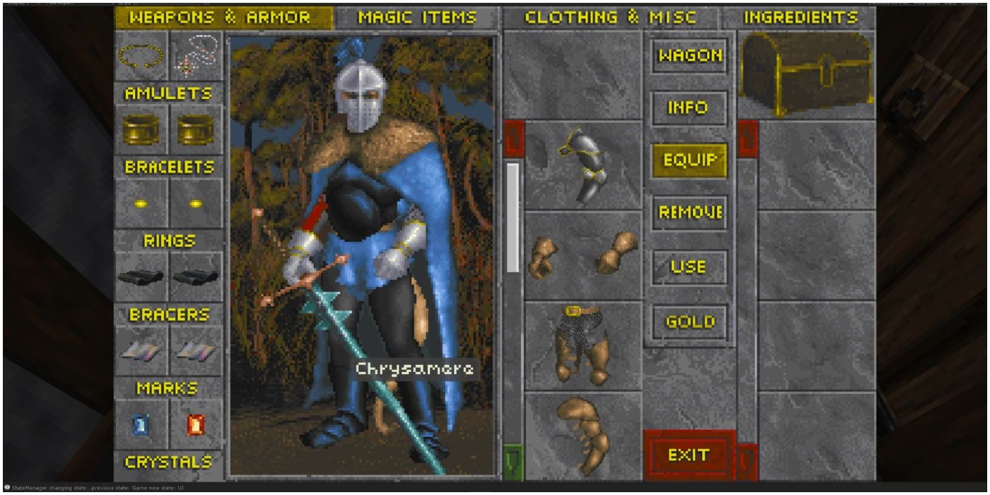 The Elder Scrolls inventory screen showing a character wielding Chrysamere