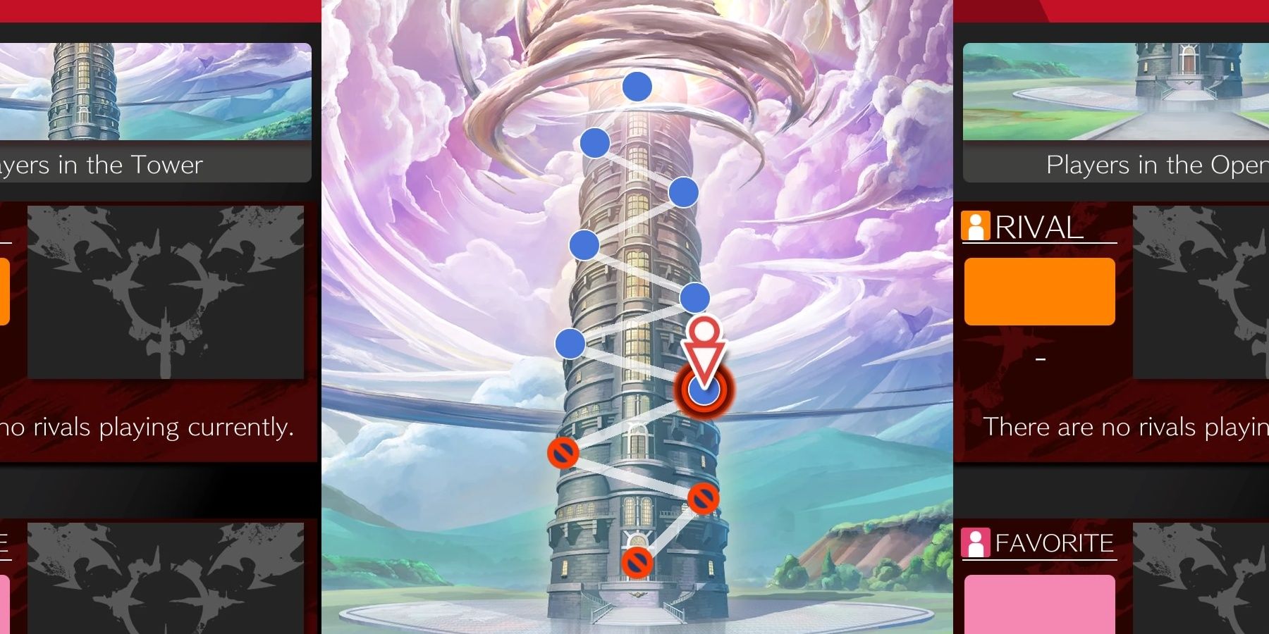 The Tower in Guilty Gear -Strive- It shows which areas I can progress to and which ones are locked.