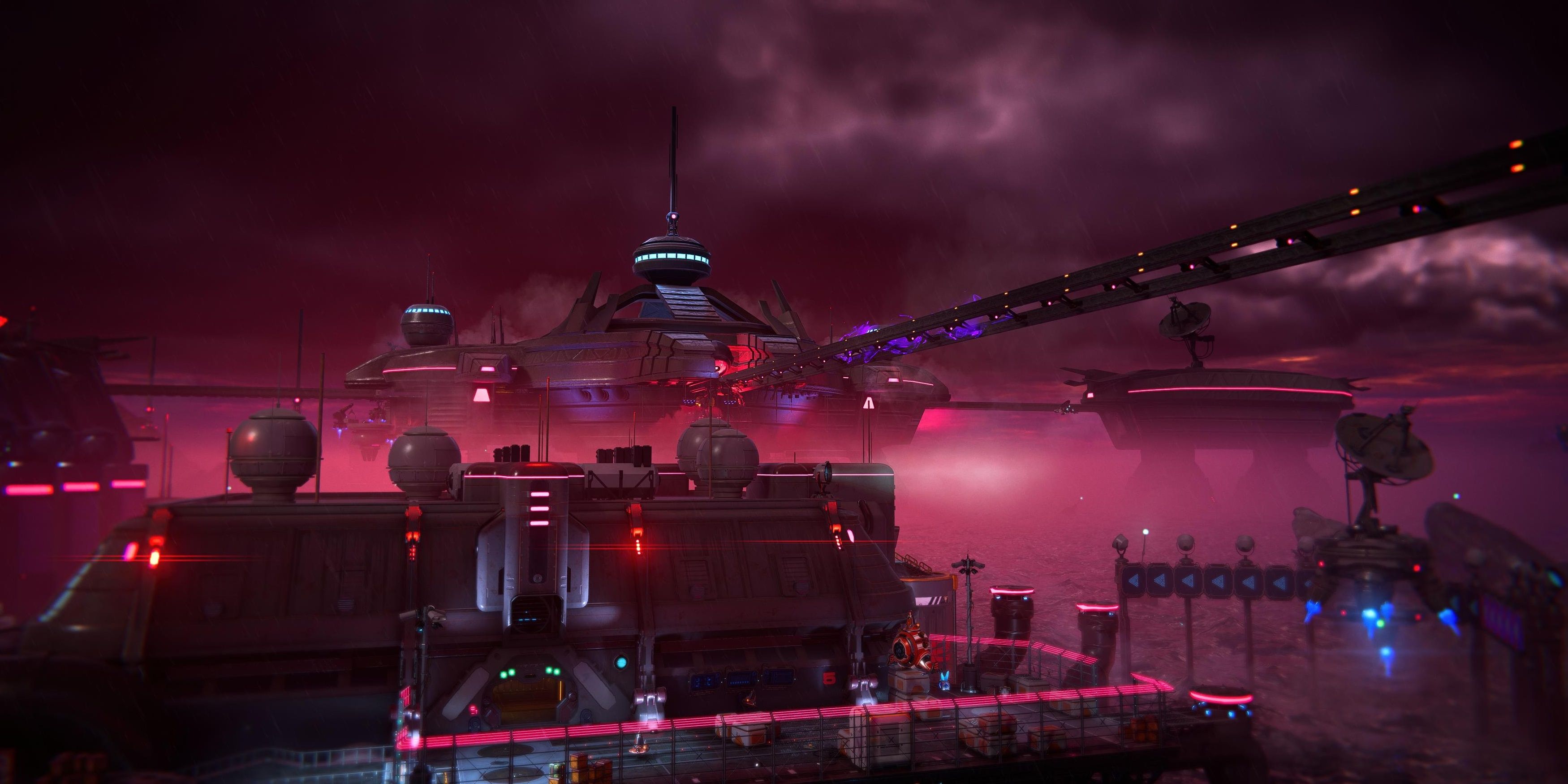 The base of Nefarious built out in the ocean on the planet Viceron in Ratchet and Clank: Rift Apart