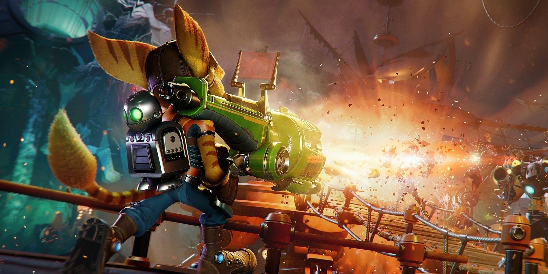 Ratchet firing the Warmonger, an RPG, in Ratchet and Clank: Rift Apart
