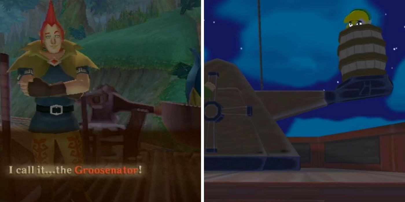Zelda Skyward Sword Groose with the Groosenator and Link in Wind Waker in the barrel