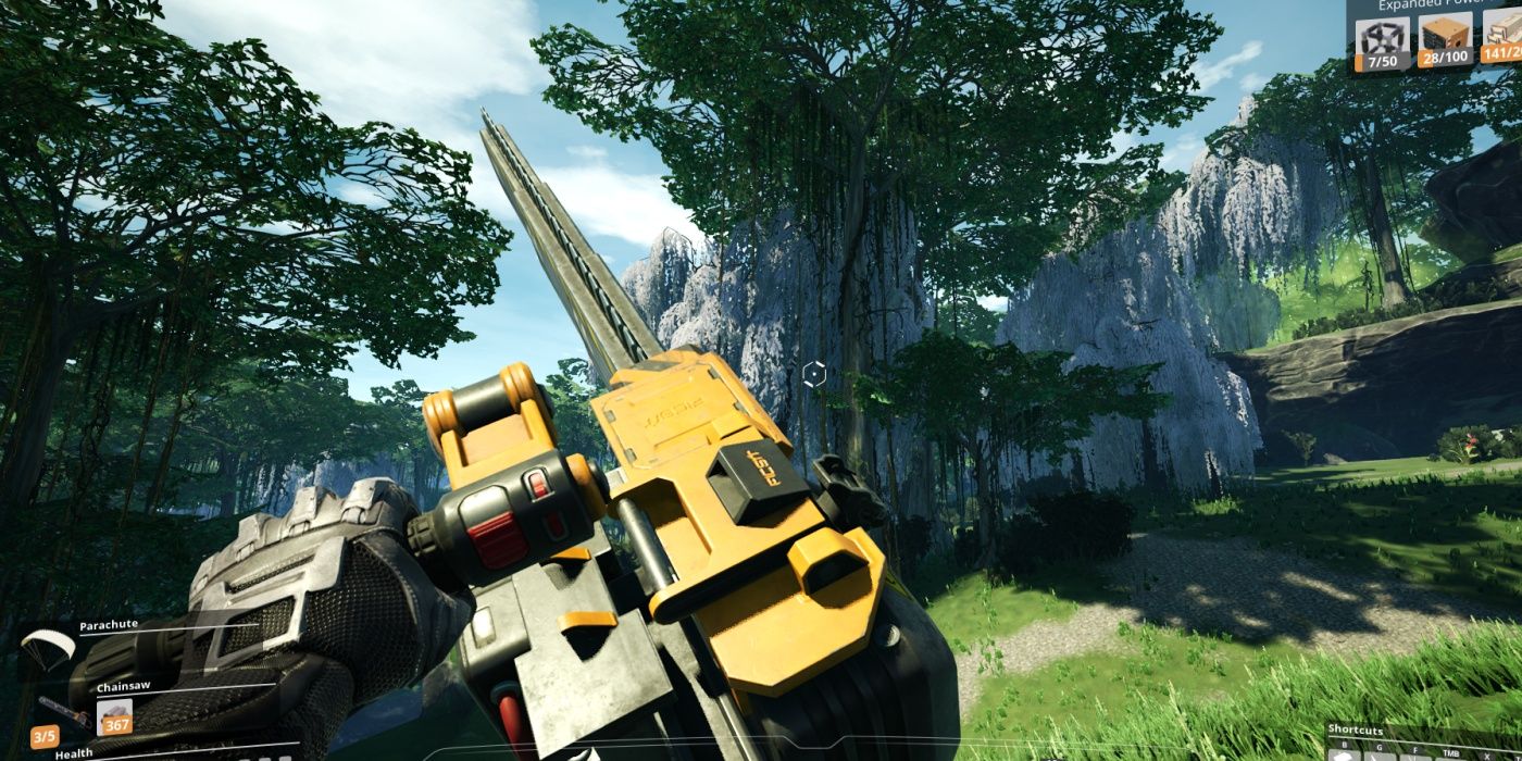 Satisfactory: Player Revving Chainsaw