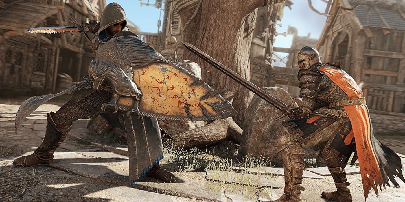 A black prior (left) fights a warden (right) on the Harbor map
