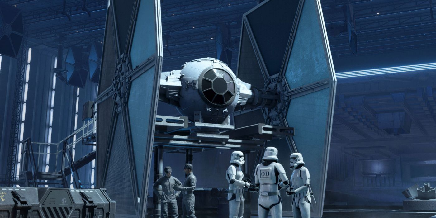 tie fighter in a hanger with imperial officers and storm troopers