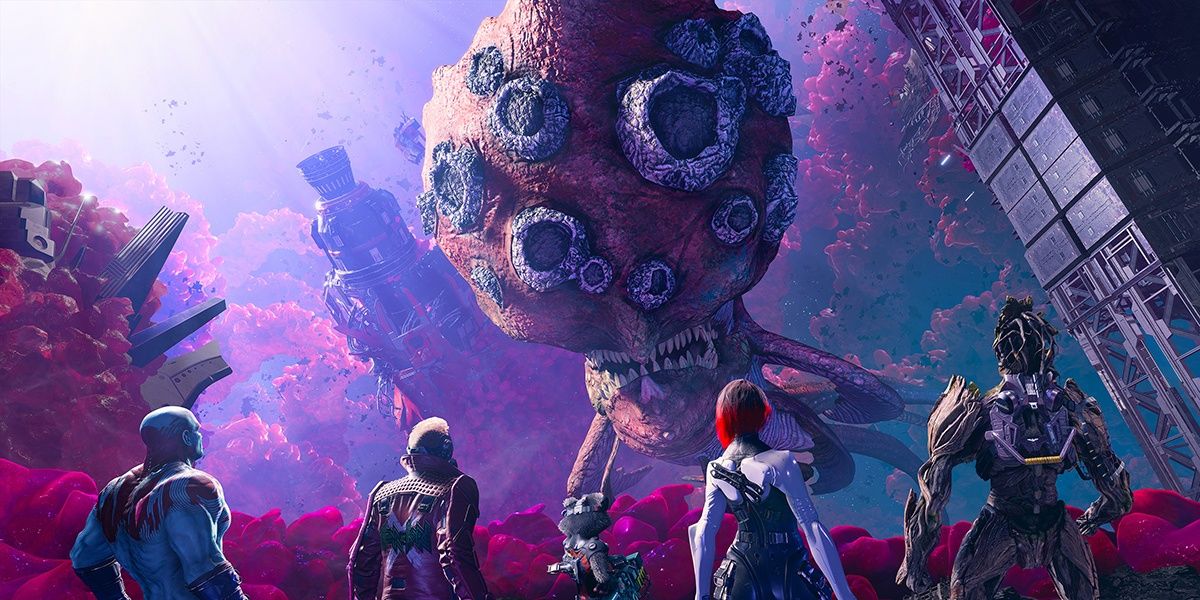 A screenshot showing the Guardians of the Galaxy facing off against a huge monster