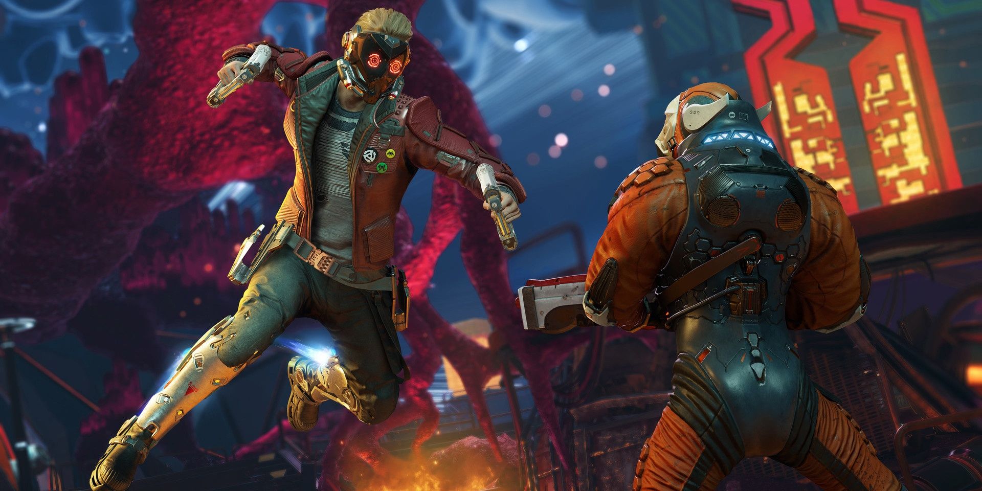 A screenshot showing Star-Lord in the middle of a combat encounter in the new Guardians of the Galaxy game from Square Enix