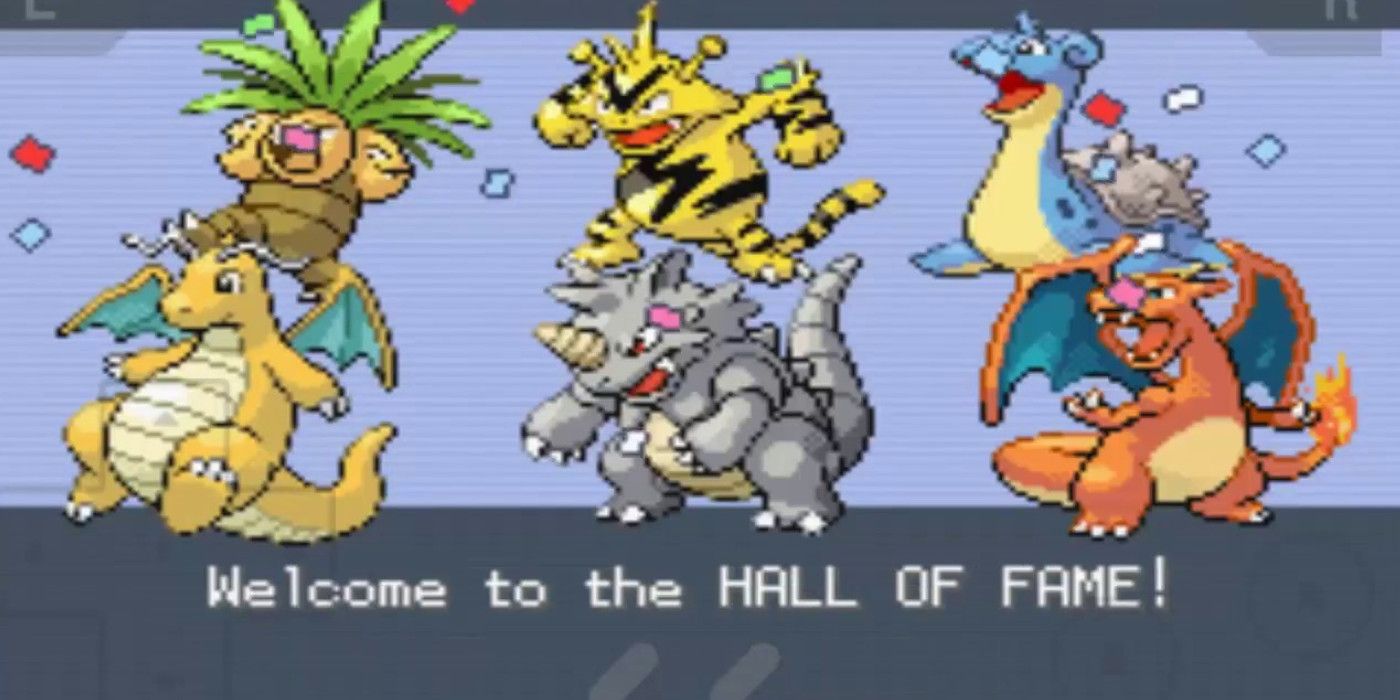 hall of fame screen with a dragonite, charizard, exeggutor, lapras, electabuzz, dragonite, and rhydon