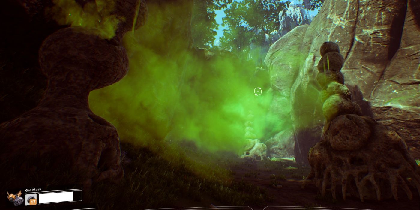 Satisfactory: Player Using Gas Mask In Poison Gas Cloud
