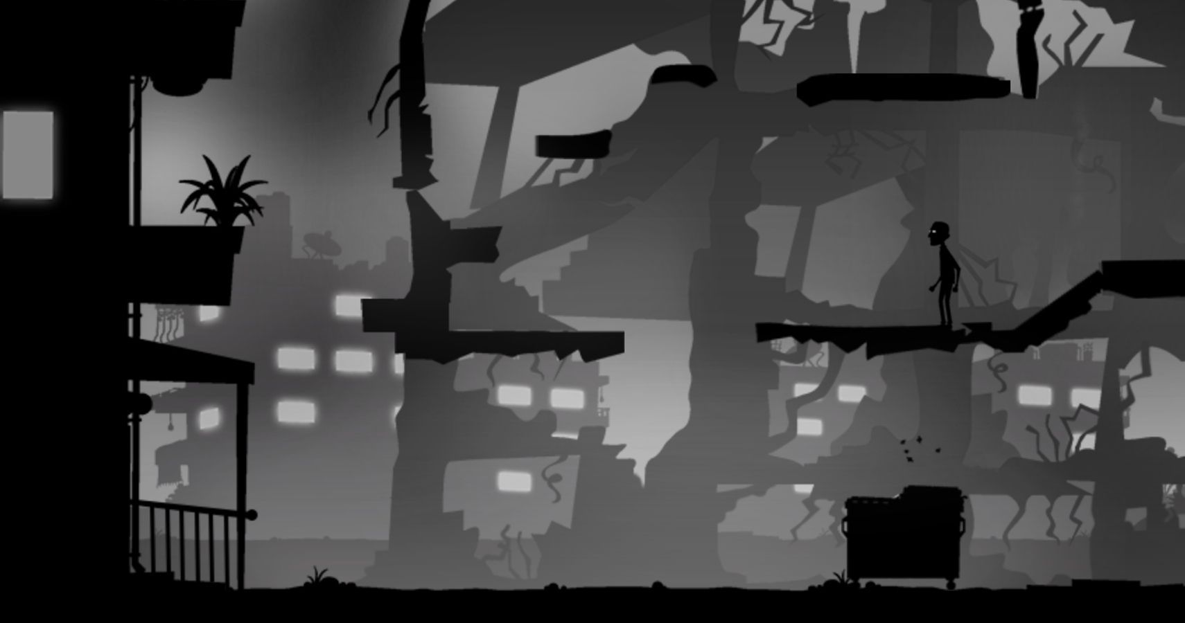 A scene from a platforming game. It is in black, white and grey and very minimalist. The scene appears to be set in a destroyed apartment home.