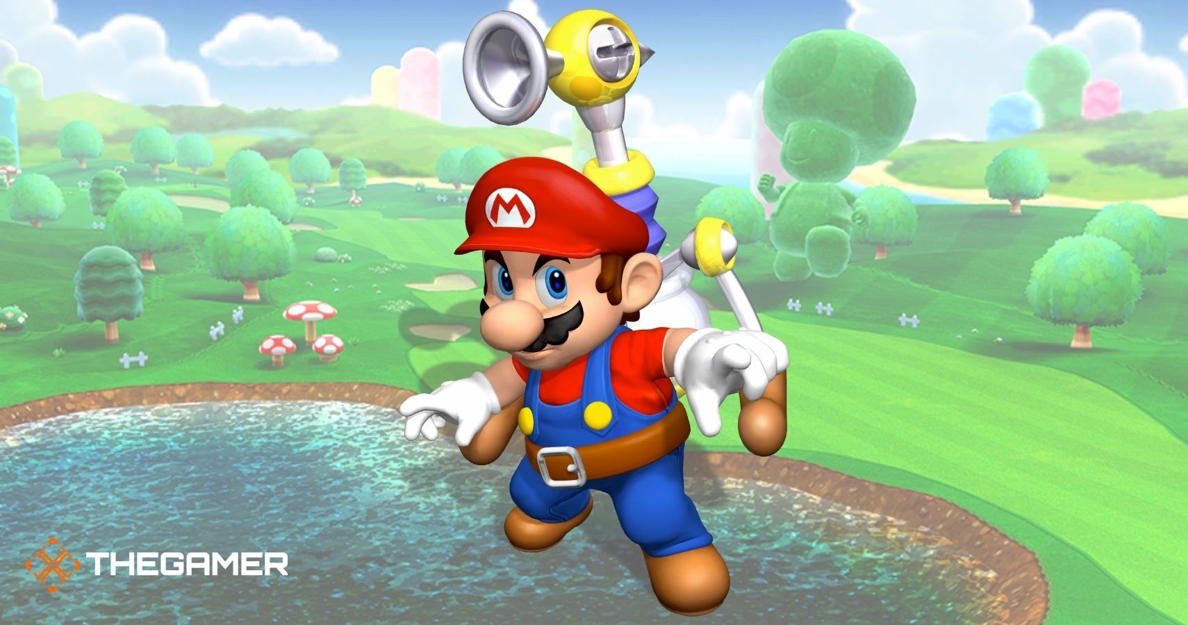 Mario is wearing blue overalls, a red shirt, and a red hat with an M on it. FLUDD is on his back. FLUDD is a sentient water pump, who is mostly yellow. The background is of a golf course.