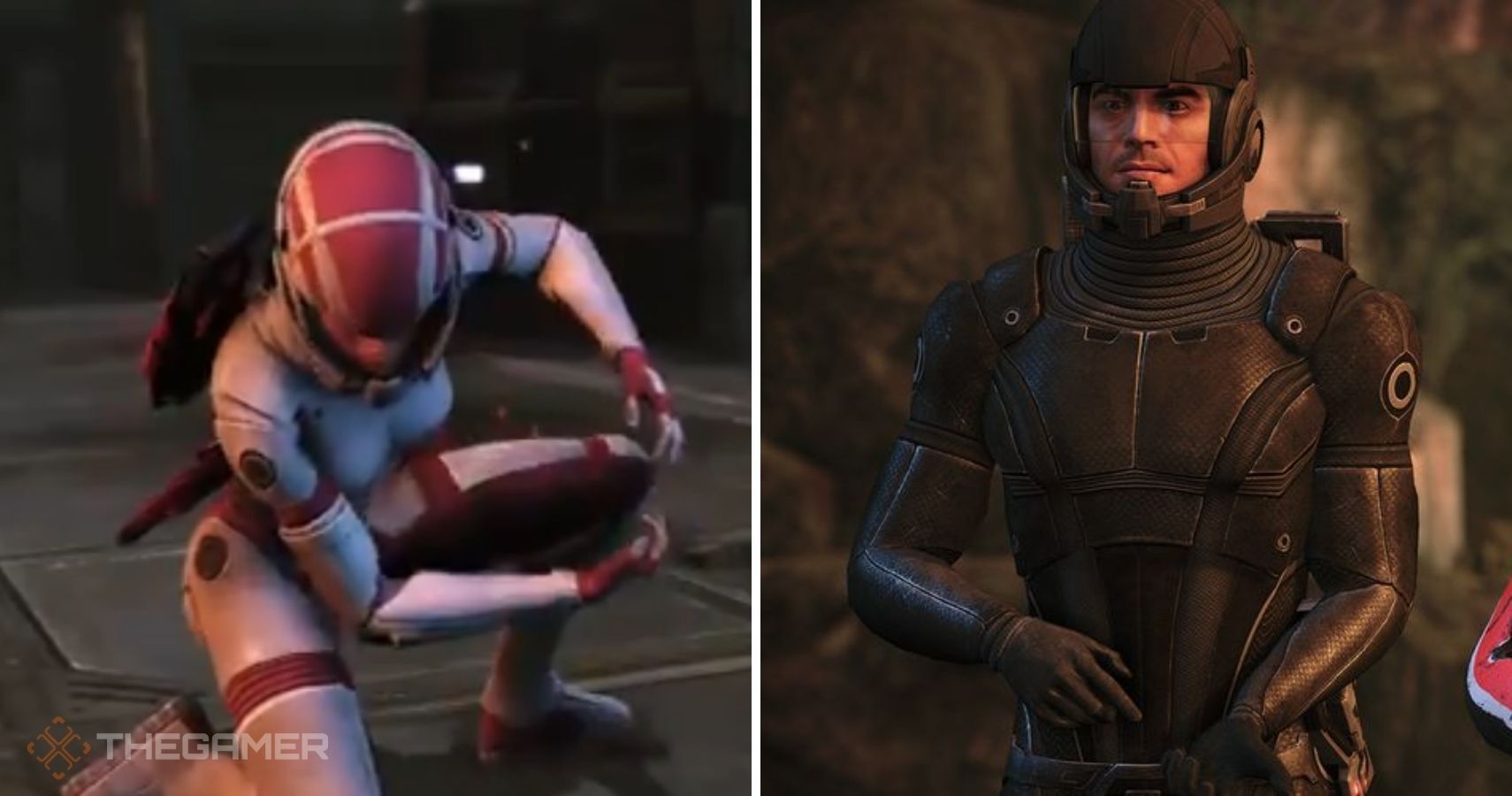 The feature image depicts two glitches found in Mass Effect. The first one shows how a character model disappeared in a cutscene, so another character looks like she's holding onto thin air rather than the intended character. The other glitch shows a solider holding an invisible gun
