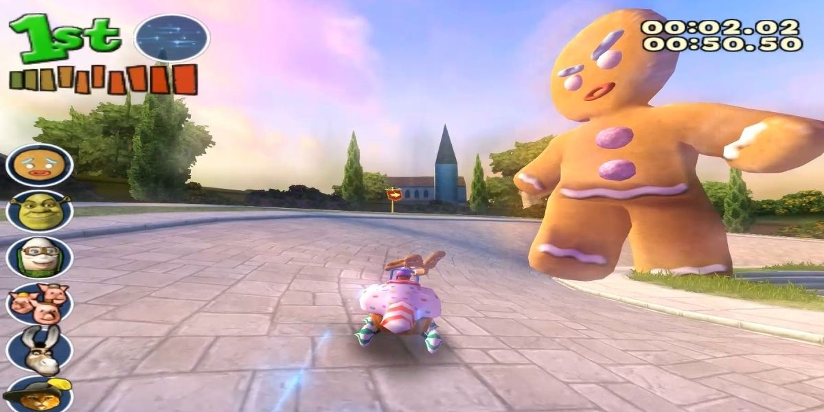 Race cart with giant ginger bread man.