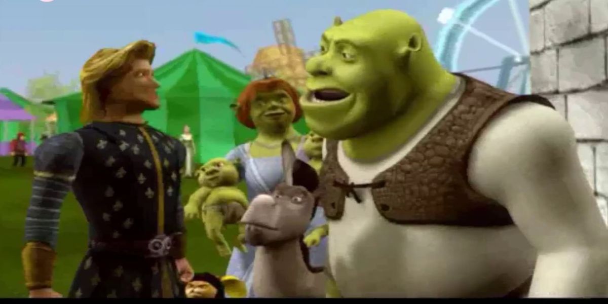 Shrek, Donkey, and Fiona with Prince Charming at a carnival.