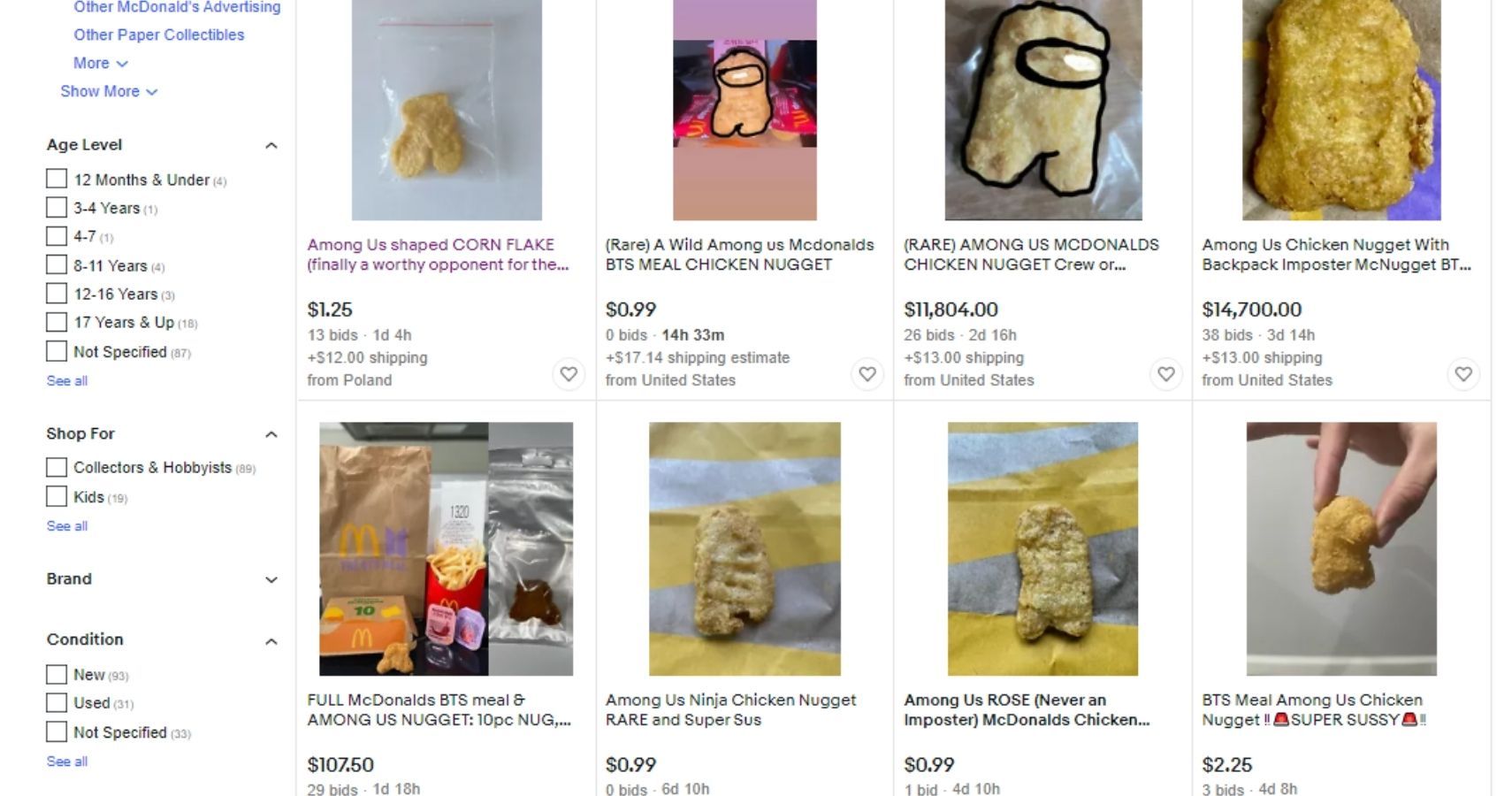 A screenshot from ebay, showing that many people are selling chicken nuggets that look like Among Us characters