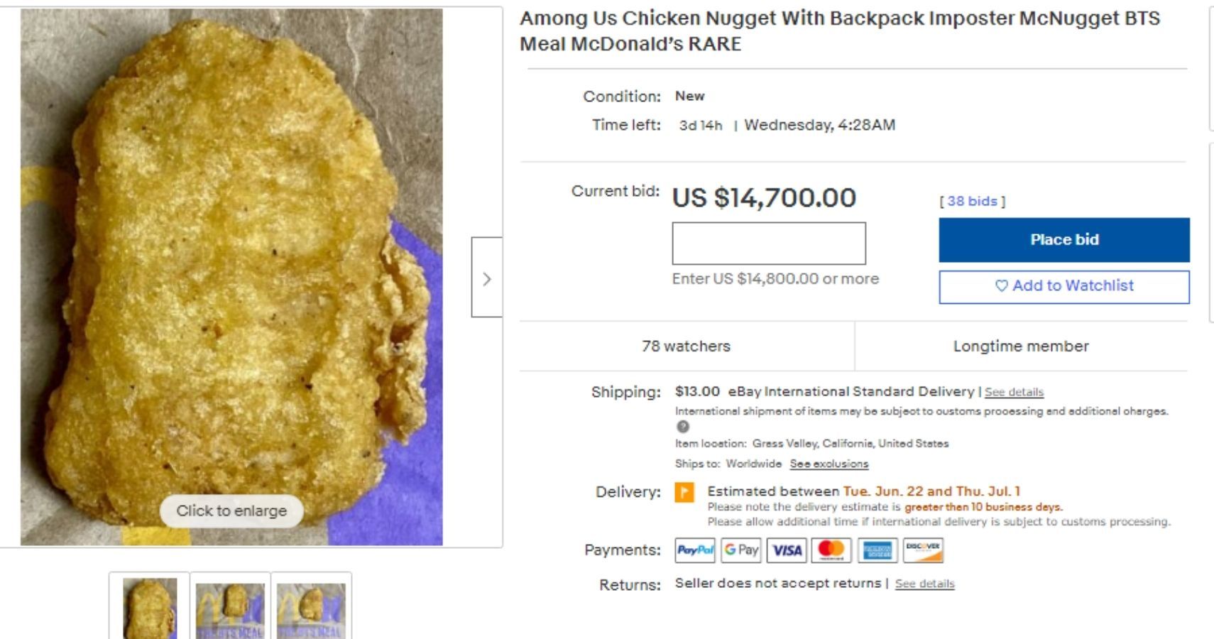 An auction on ebay for a chicken nugget, that barely resembles an Among Us characte. The highest bid is $14,700