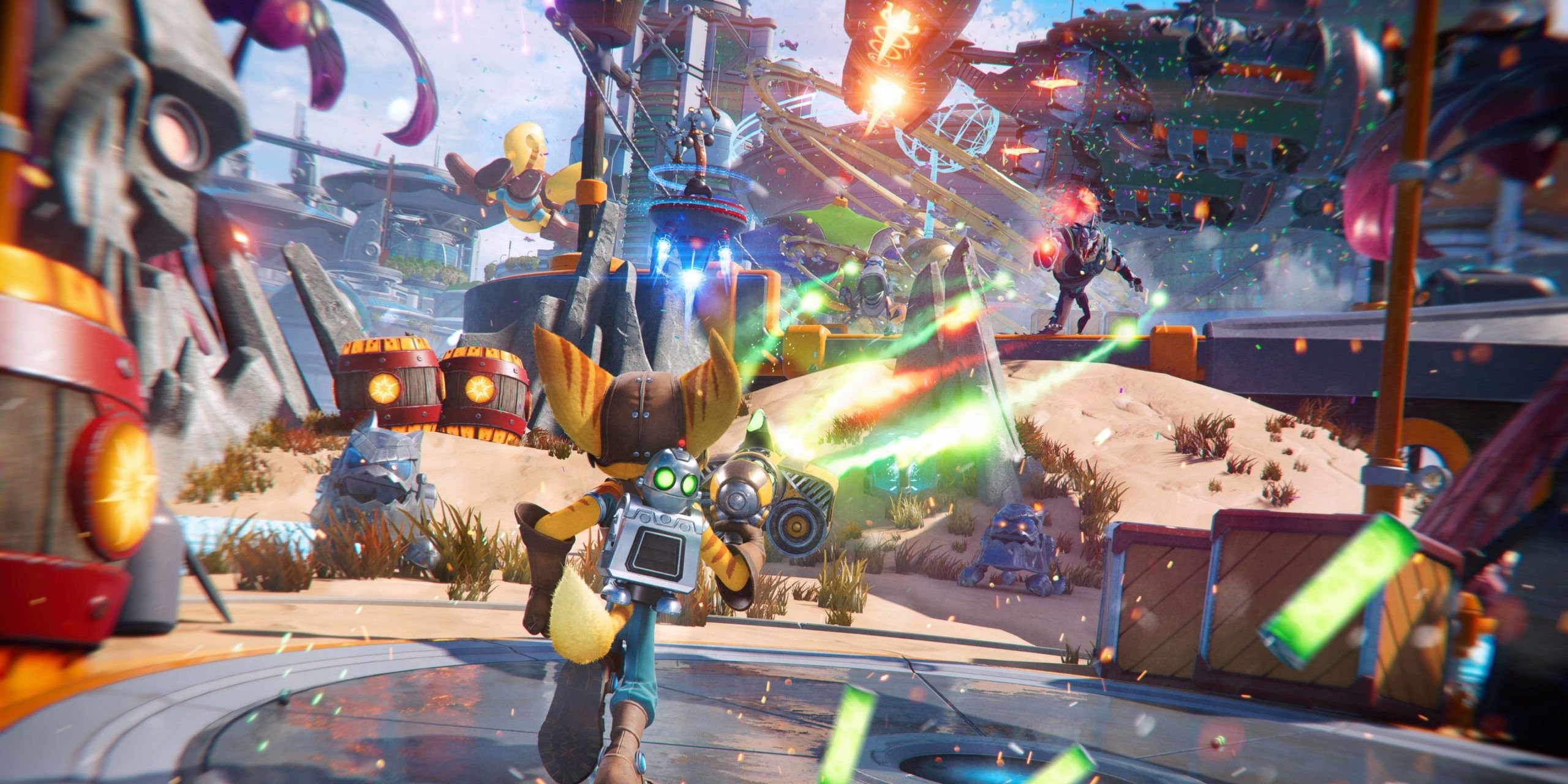 A screenshot showing Ratchet running and gunning in Ratchet & Clank: Rift Apart