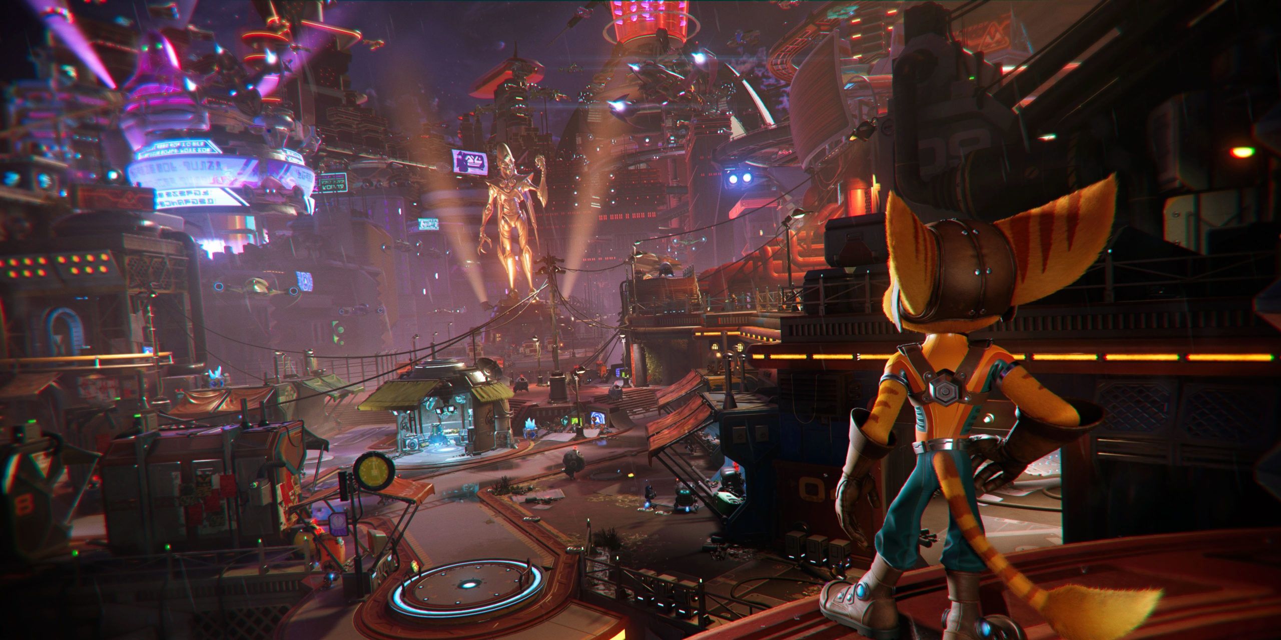 A screenshot showing a view overlooking the city in Ratchet & Clank: Rift Apart