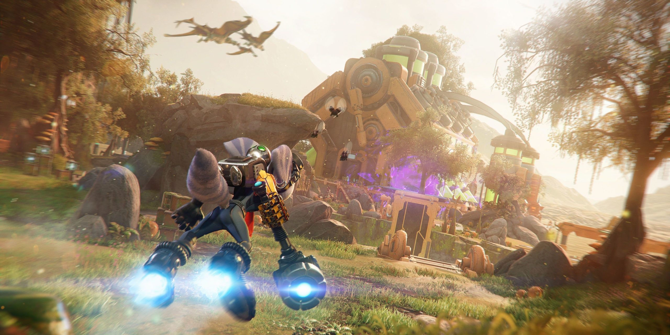 A screenshot showing Rivet using hoverboots in Ratchet & Clank: Rift Apart