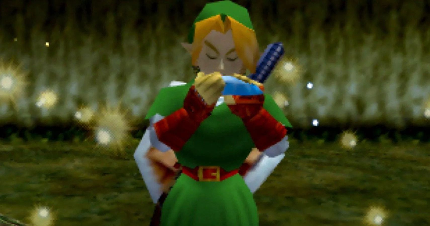 Link playing the Ocarina of Time in The Legend Of Zelda: Ocarina Of Time