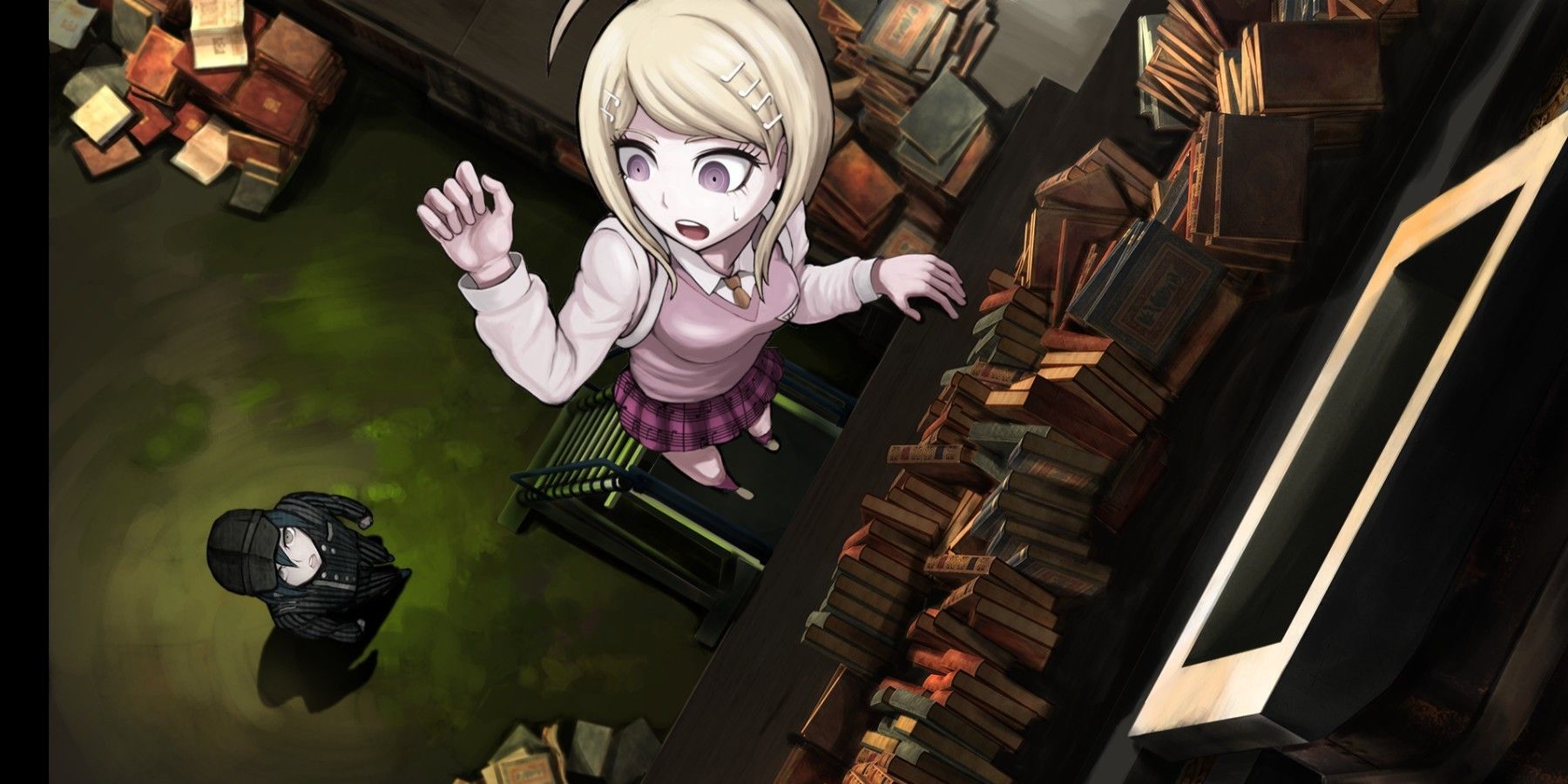 Keade and Shuichi at bookcase.
