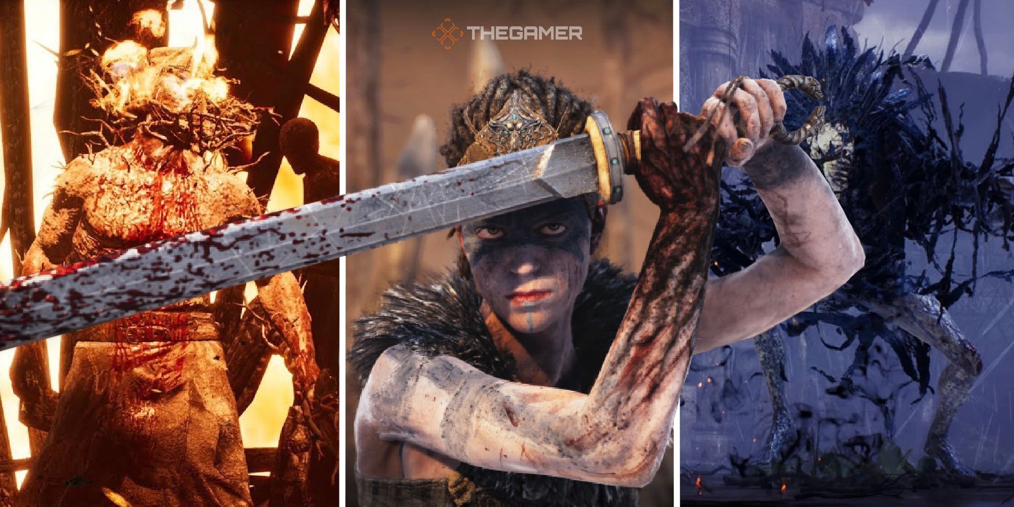 Split Image Of Senua And Bosses Surtr And Valravn From Hellblade: Senua’s Sacrifice
