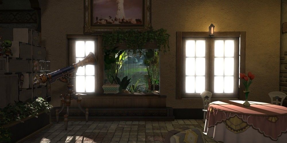 Inside house with telescope, table, and window. 