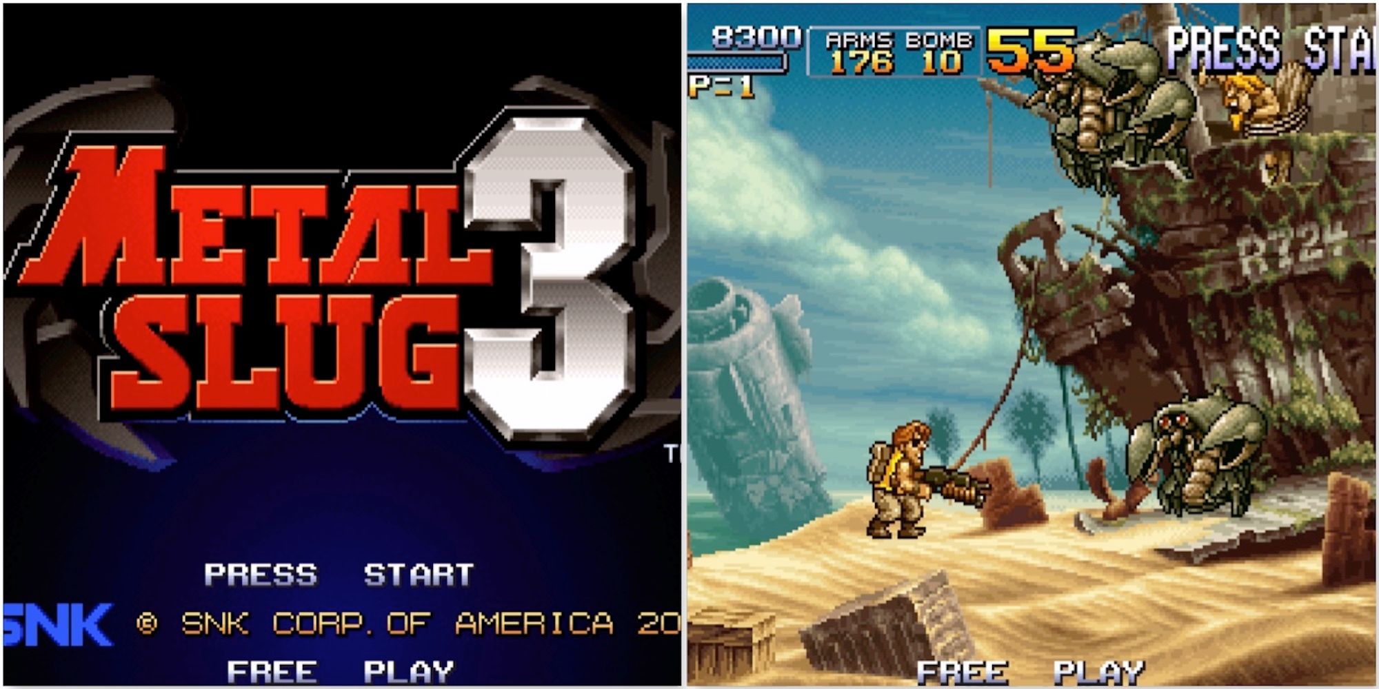 title screen and fighting enemies from Metal Slug 3