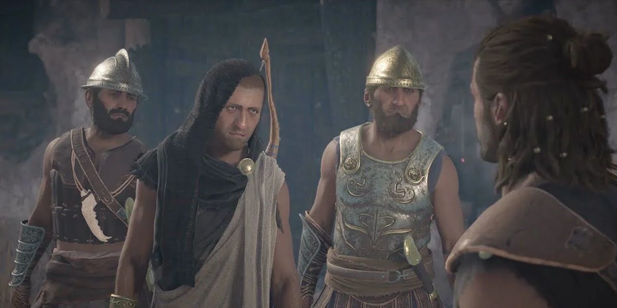 AC Odyssey The Blood Fever a group talking to the main character