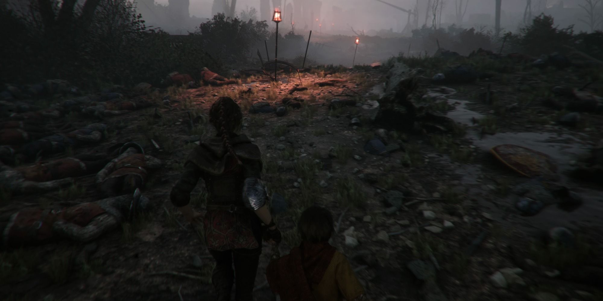 Amicia running through dead bodies with hugo