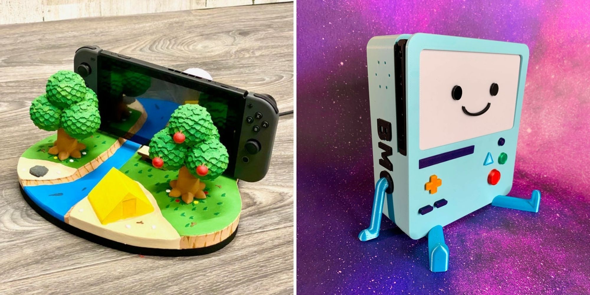 Animal Crossing themed 3D dock (left), Adventure Time's BMO themed 3D dock (right)