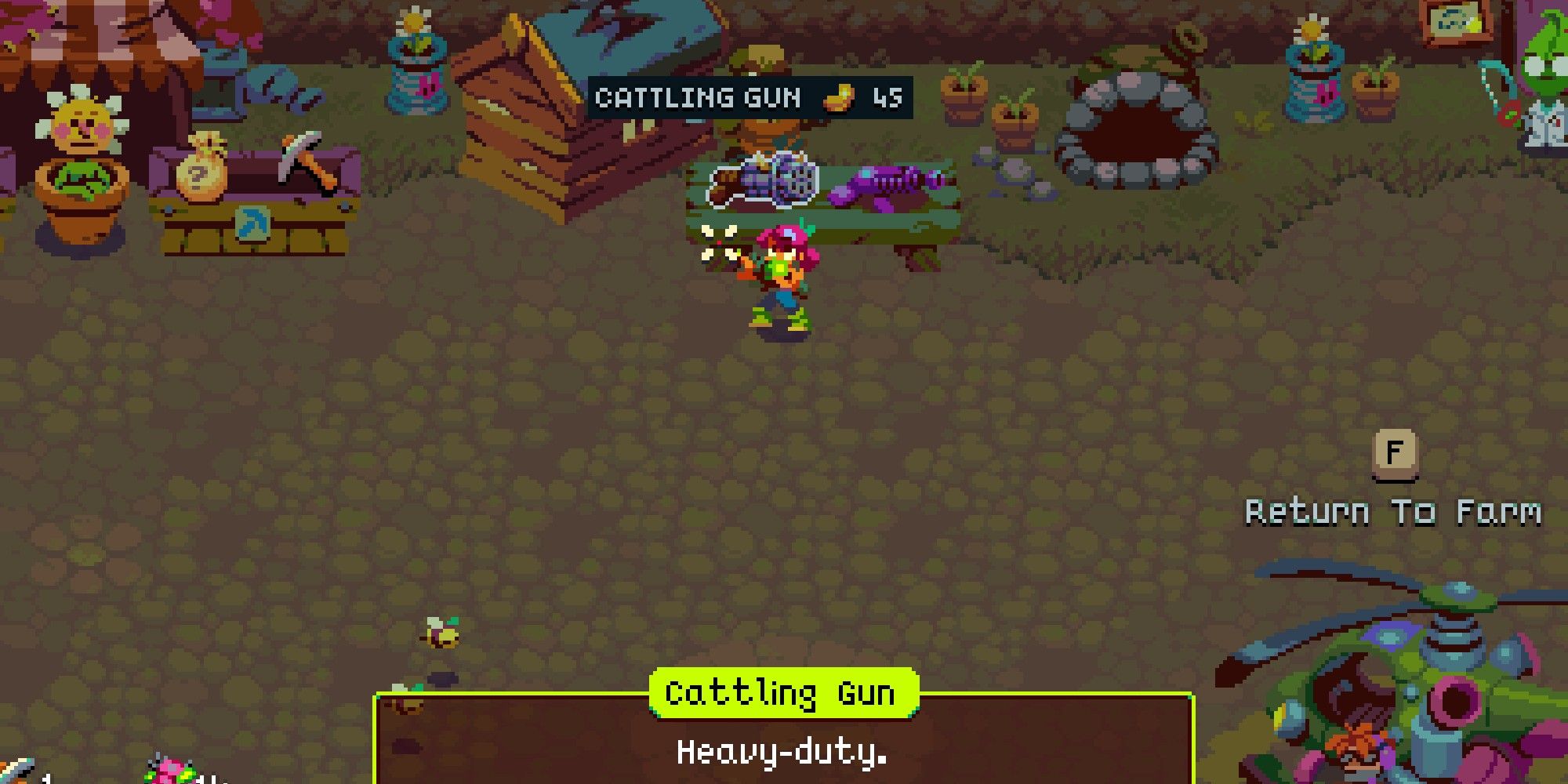 Atomicrops Player purchasing Cattling Gun Weapon from market stall