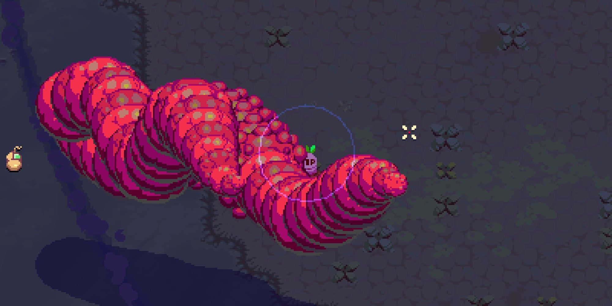 Atomicrops Unfriendly Worm Boss on screen as player targets it