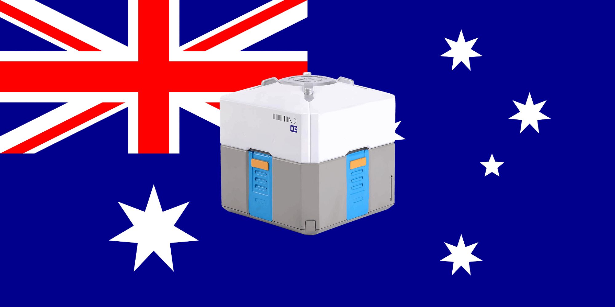 An Overwatch loot box in front of an Australian flag.