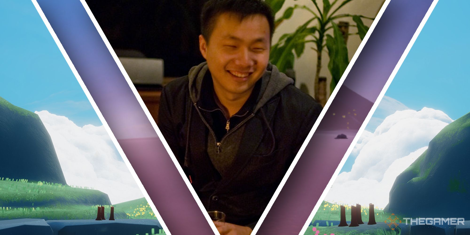 jenova chen in a v-cut between a still from Sky: children of the light
