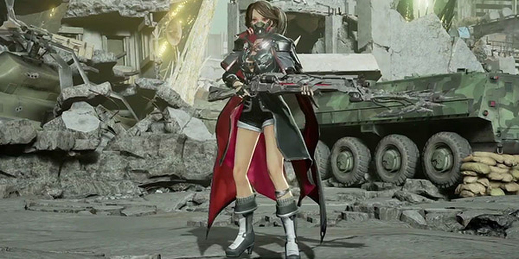 Code Vein character with a bayonet in the ruined city.