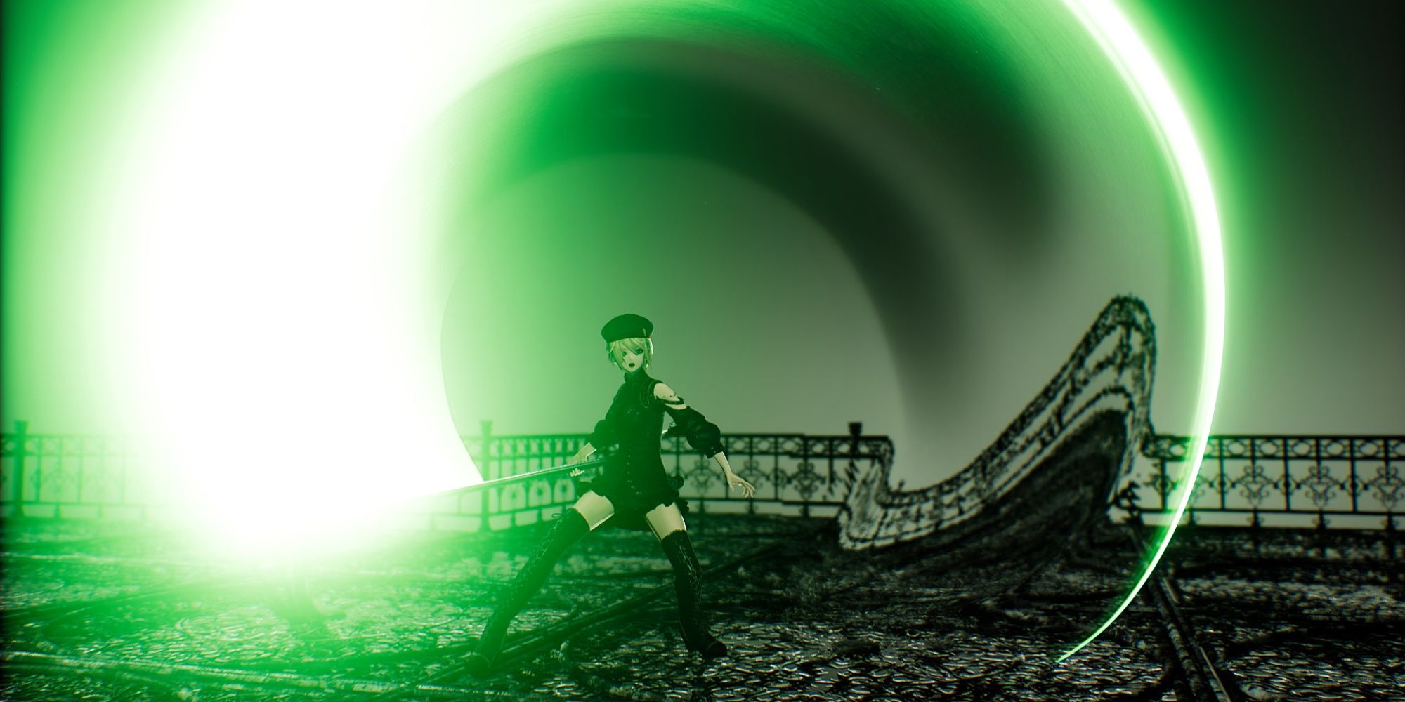 A green flash emits from a weapon