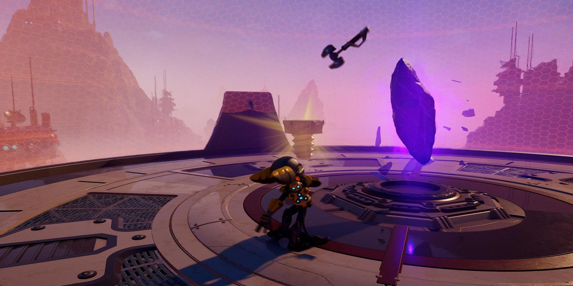Ratchet finding a gold bolt on a platform on planet Cordelion with mountains in the background.