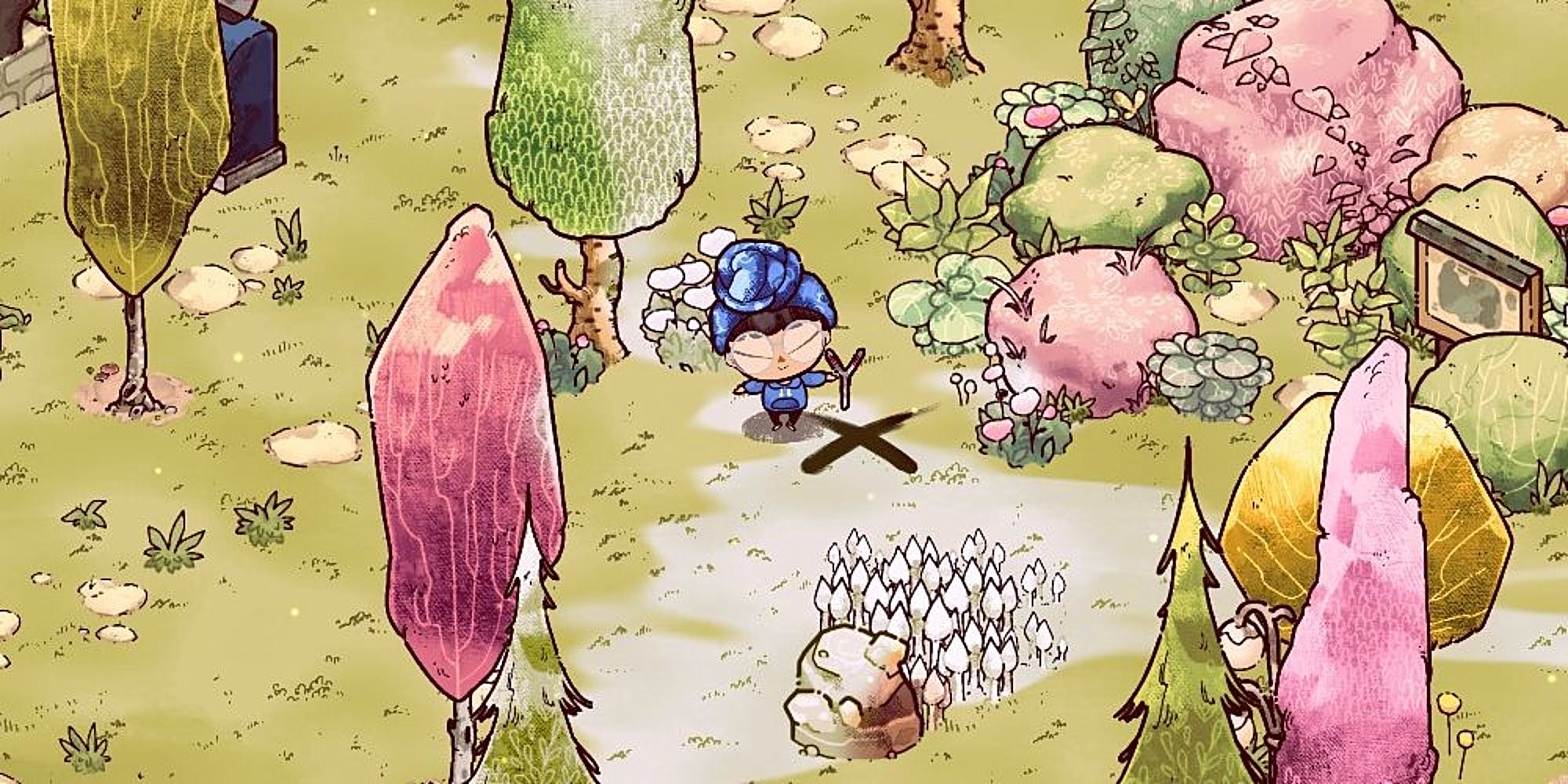 Cozy Grove using a dowsing rod