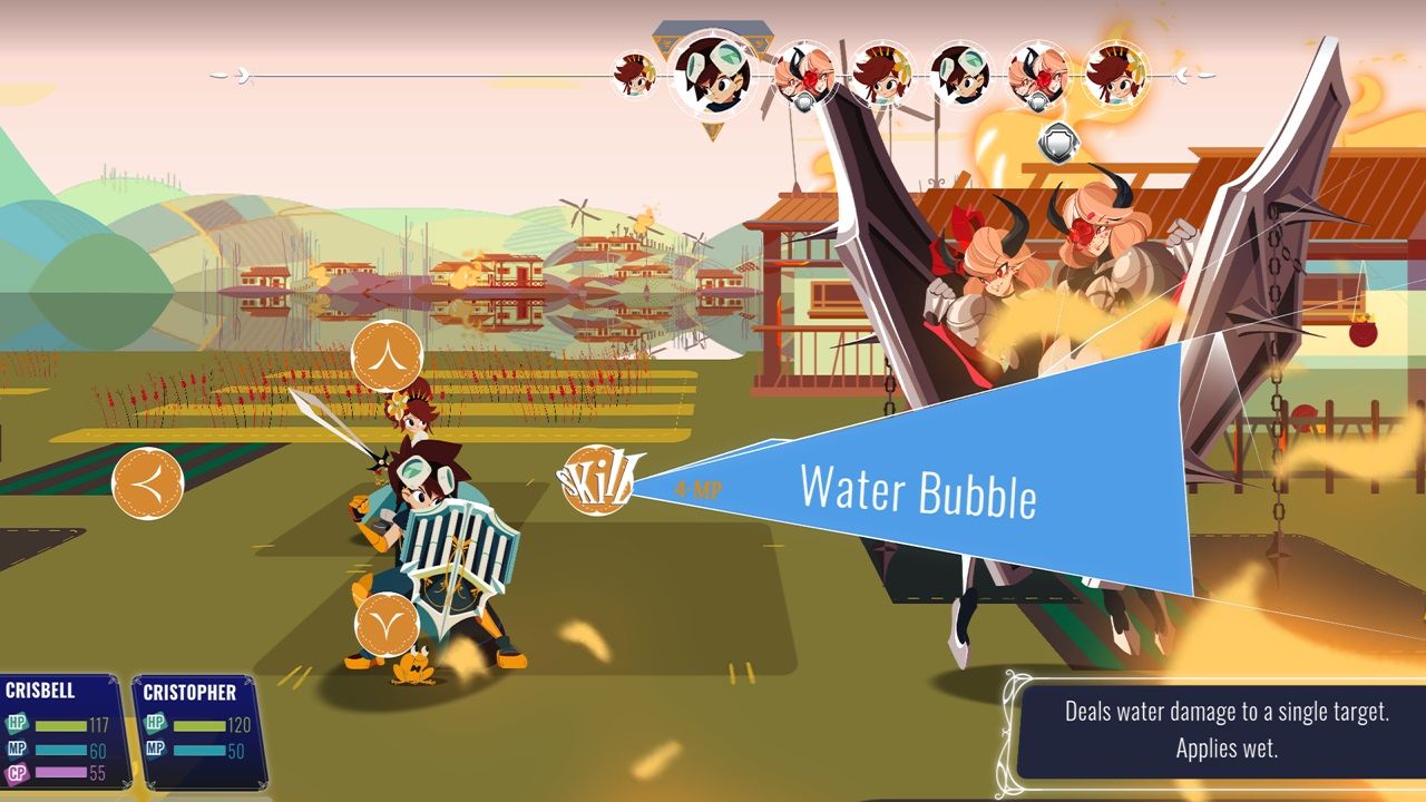 Cris Tales - Crisopher using Water Bubble in battle against the Volcano Gals