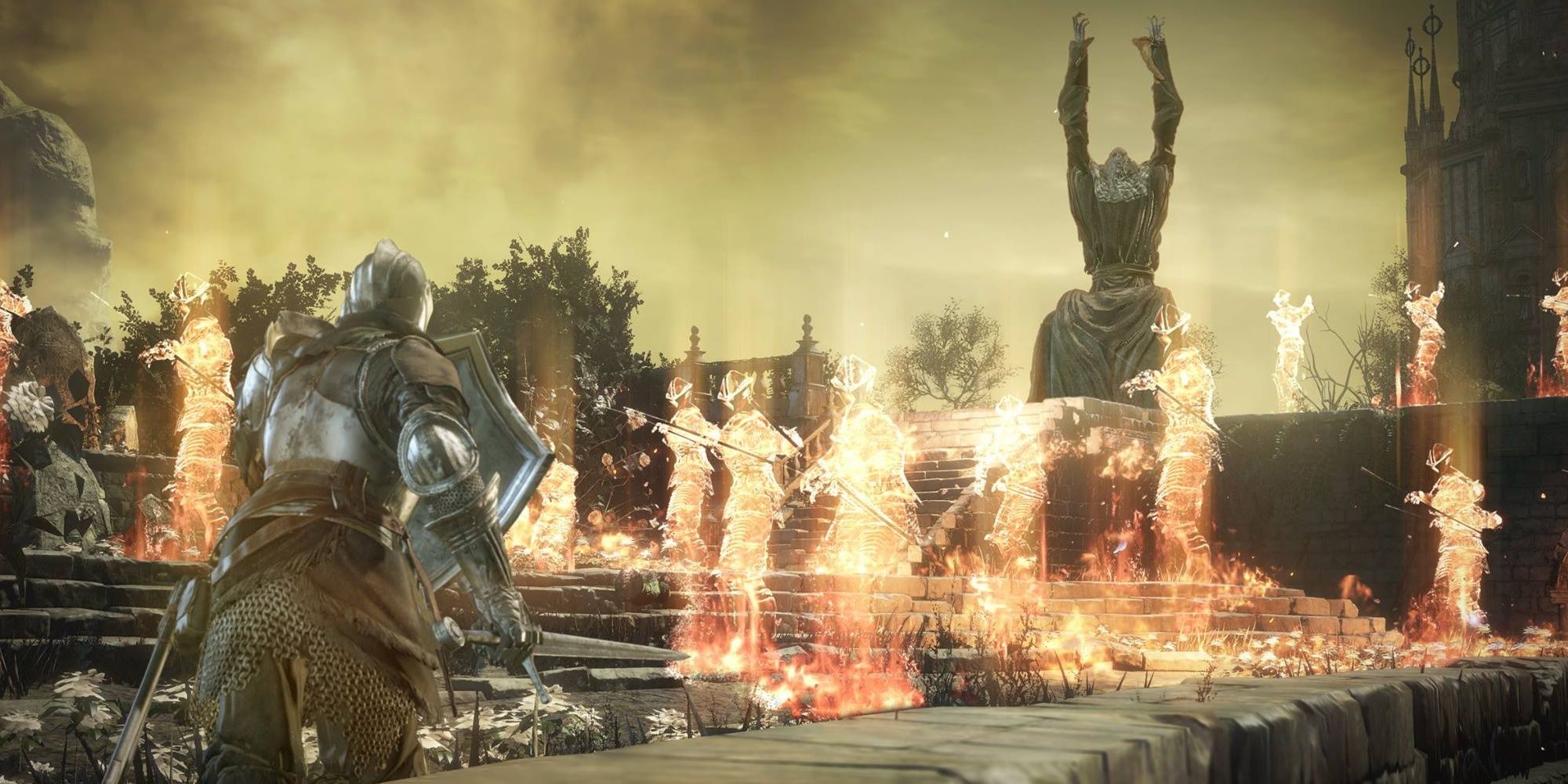 The Ashen One goes head to head with a sorcerer who summons fire apparitions to destroy him. From Dark Souls 3.