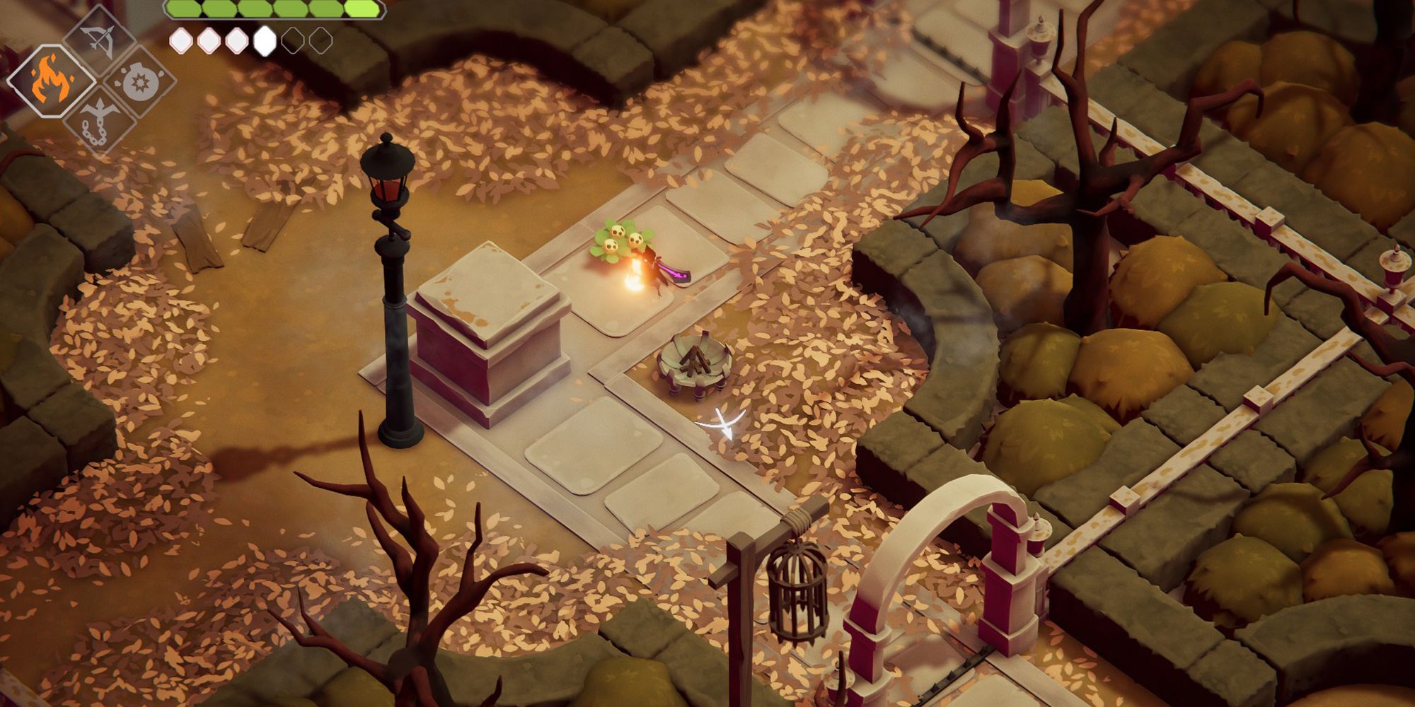 Death's Door: Lighting brazier with fire spell on stone path 