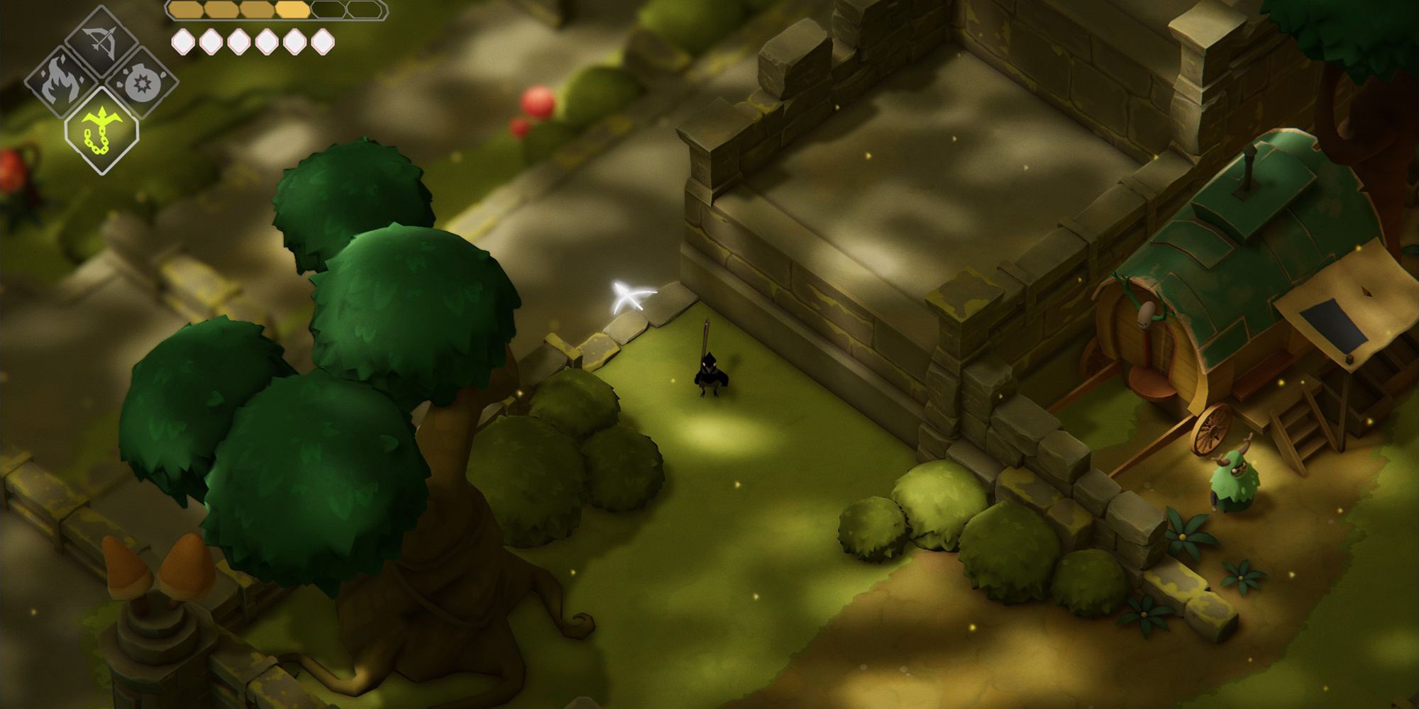 Death's Door: Overgrown Ruins shrine near hidden tree and shrub path