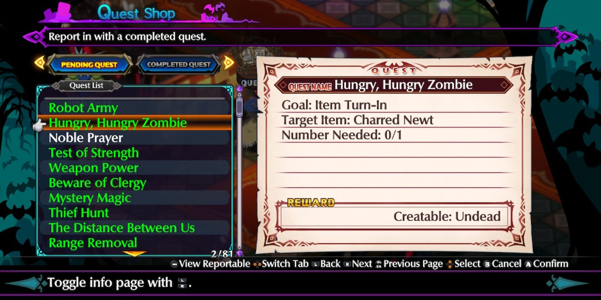 Disgaea 6 Quest Shop menu showing 81 accepted quests