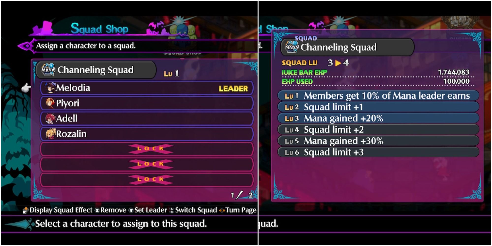 Disgaea 6 Squad Shop menu filling the Channeling Squad and upgrading it